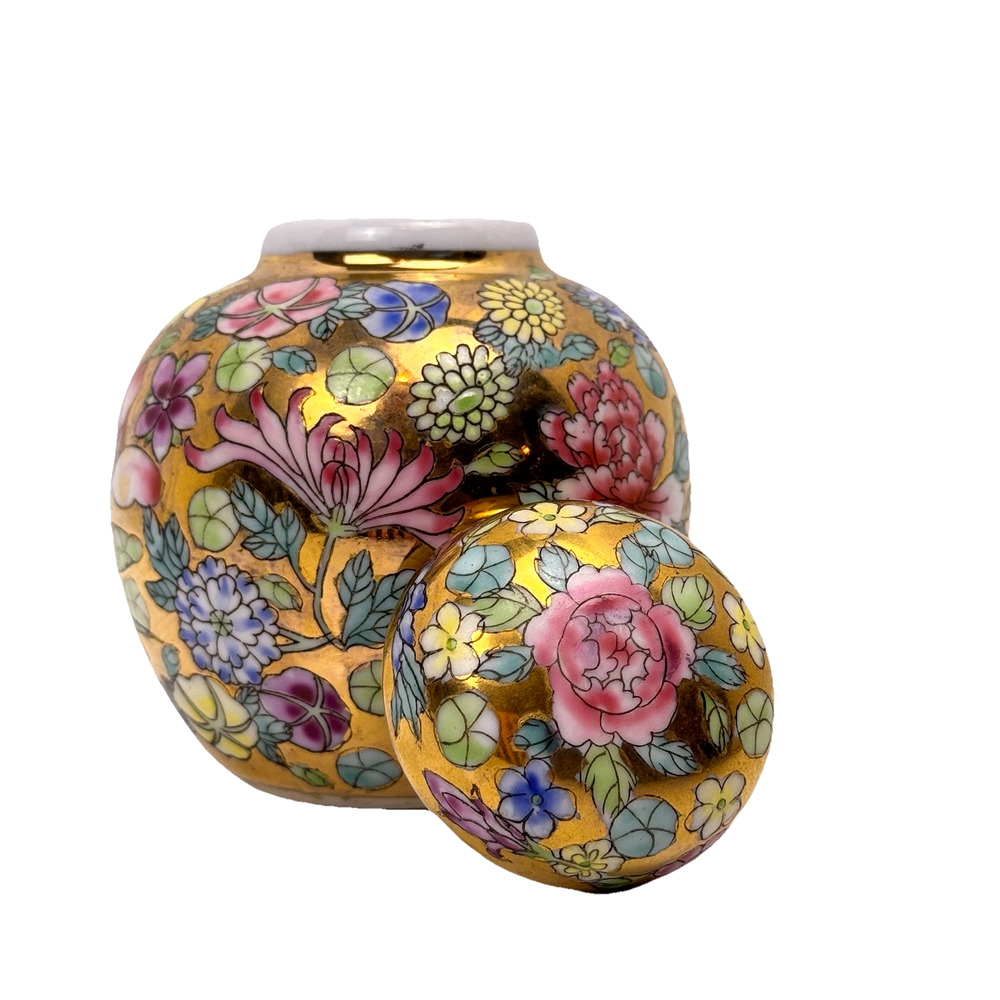 Ginger Jar Vtg Chinese Jingdezhen Floral Gold Ground Porcelain Lidded Pastels